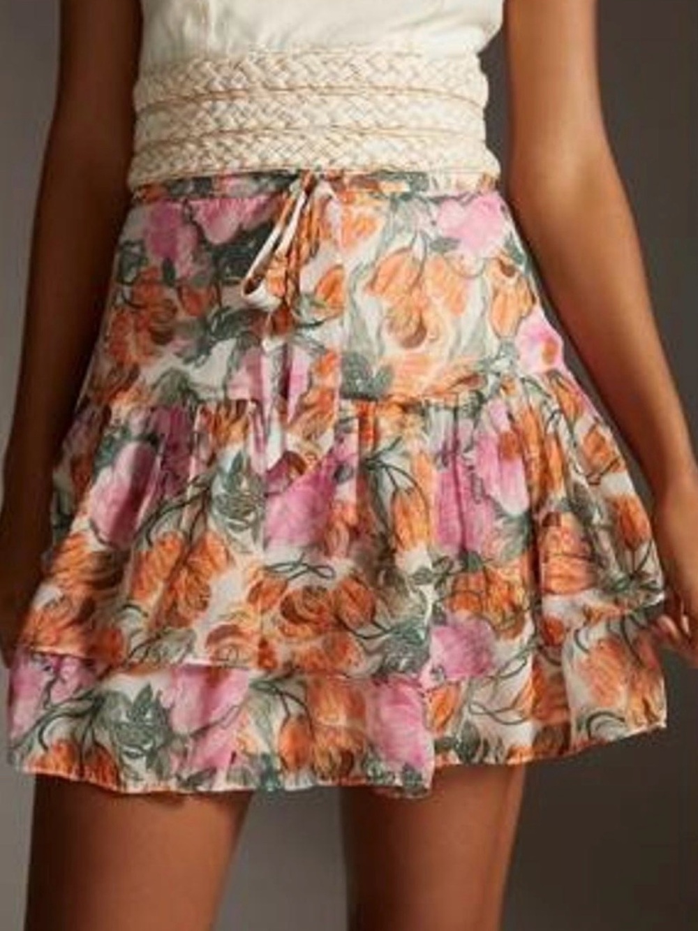 Cecelia Pettersson x Anthropologie Floral Tiered Mini Skirt in Pink and Orange